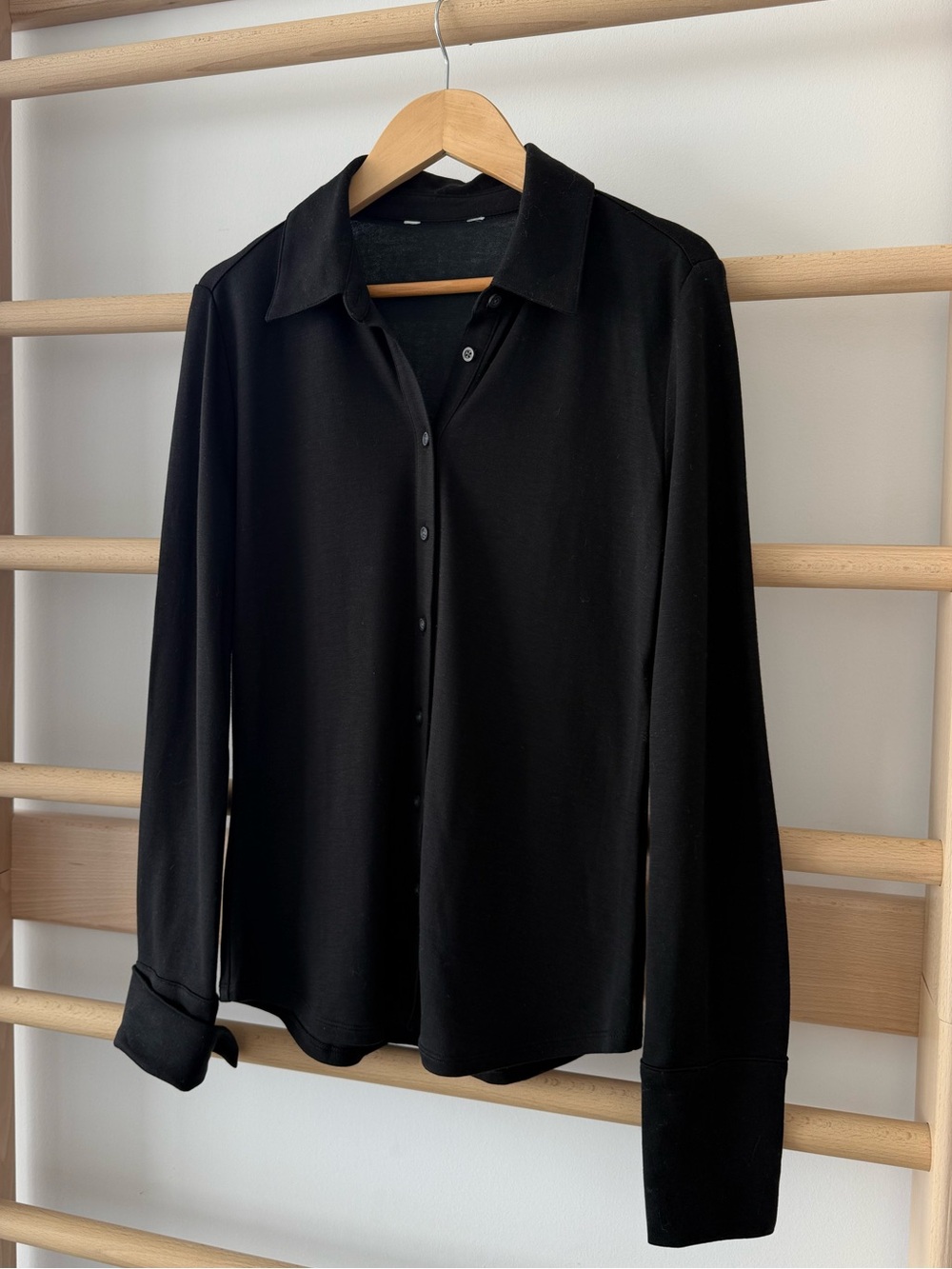 Classic Black Long Sleeve Button-Down Knit Blouse